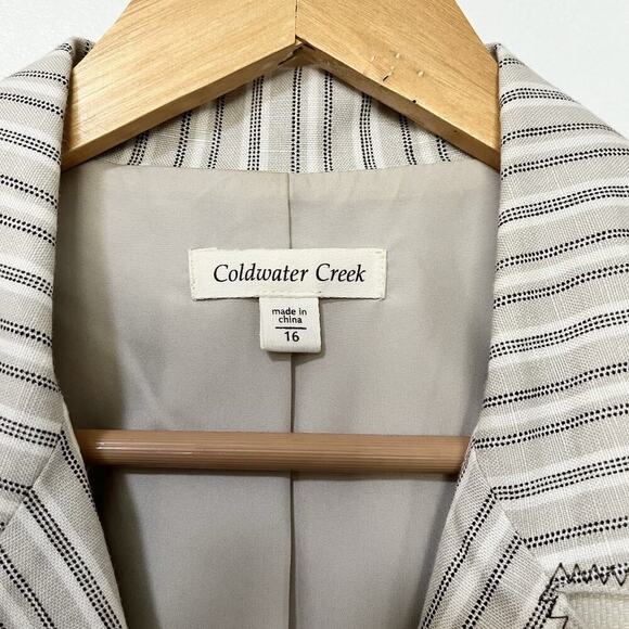 Coldwater Creek Linen Blend Mixed Media Blazer Size 16 Ivory Artsy‎ Coastal - Picture 8 of 10
